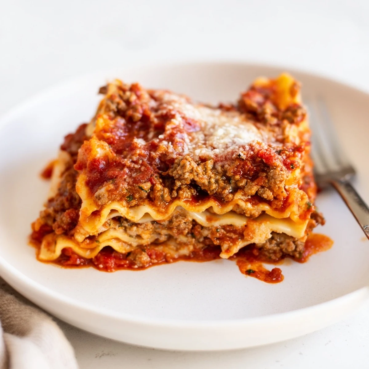 Sliced on plate, Slow Cooker Lasagna shows creamy ricotta layers and parsley.