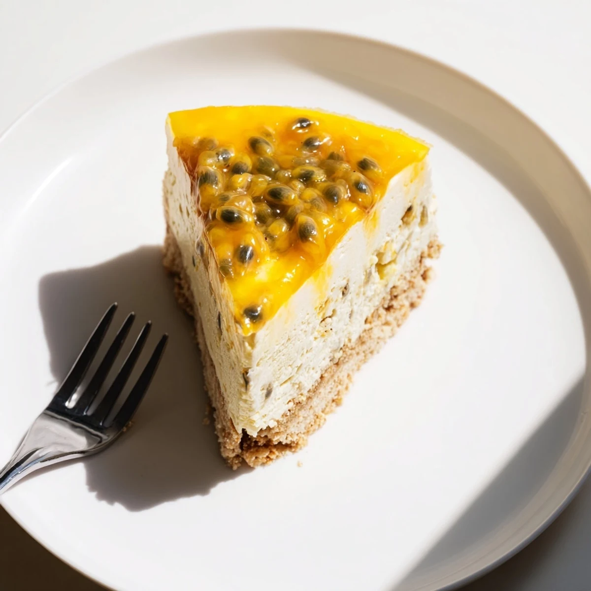 Creamy Passion Fruit Cheesecake with glossy glaze, tangy seeds, buttery crust