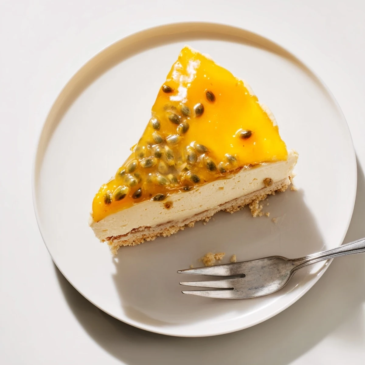 Chilled Passion Fruit Cheesecake on a biscuit base, silky, tangy, slice ready to serve