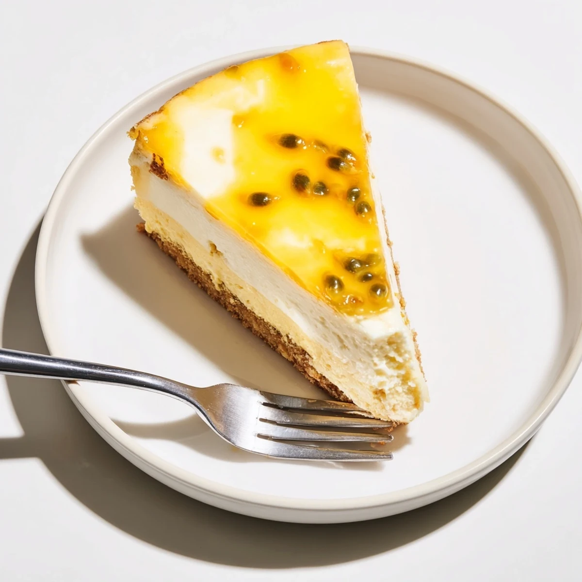 Slice of Mouthwatering Passion Fruit Cheesecake topped with whipped cream