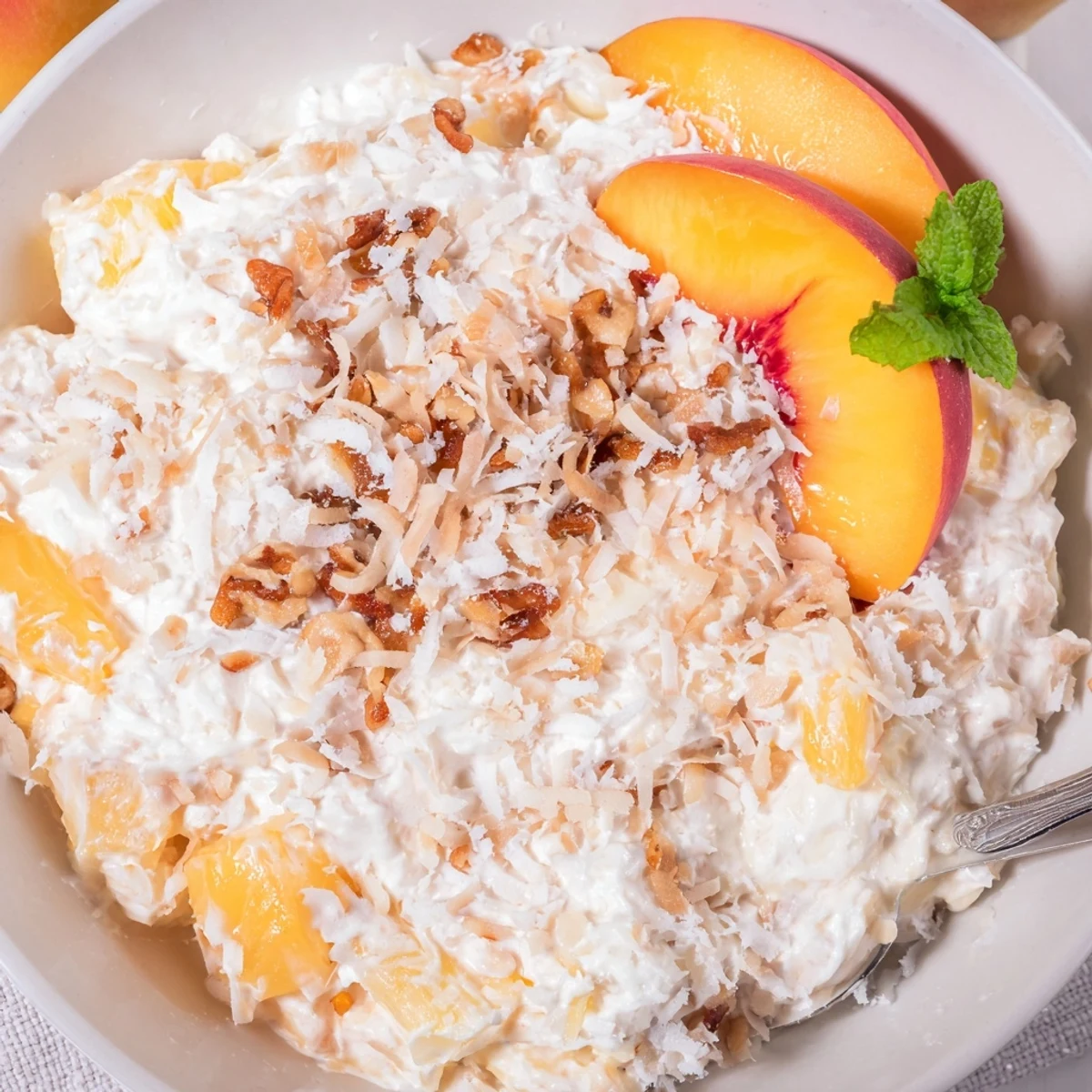 Chilled Millionaire Peach Salad topped with mint and golden toasted coconut  