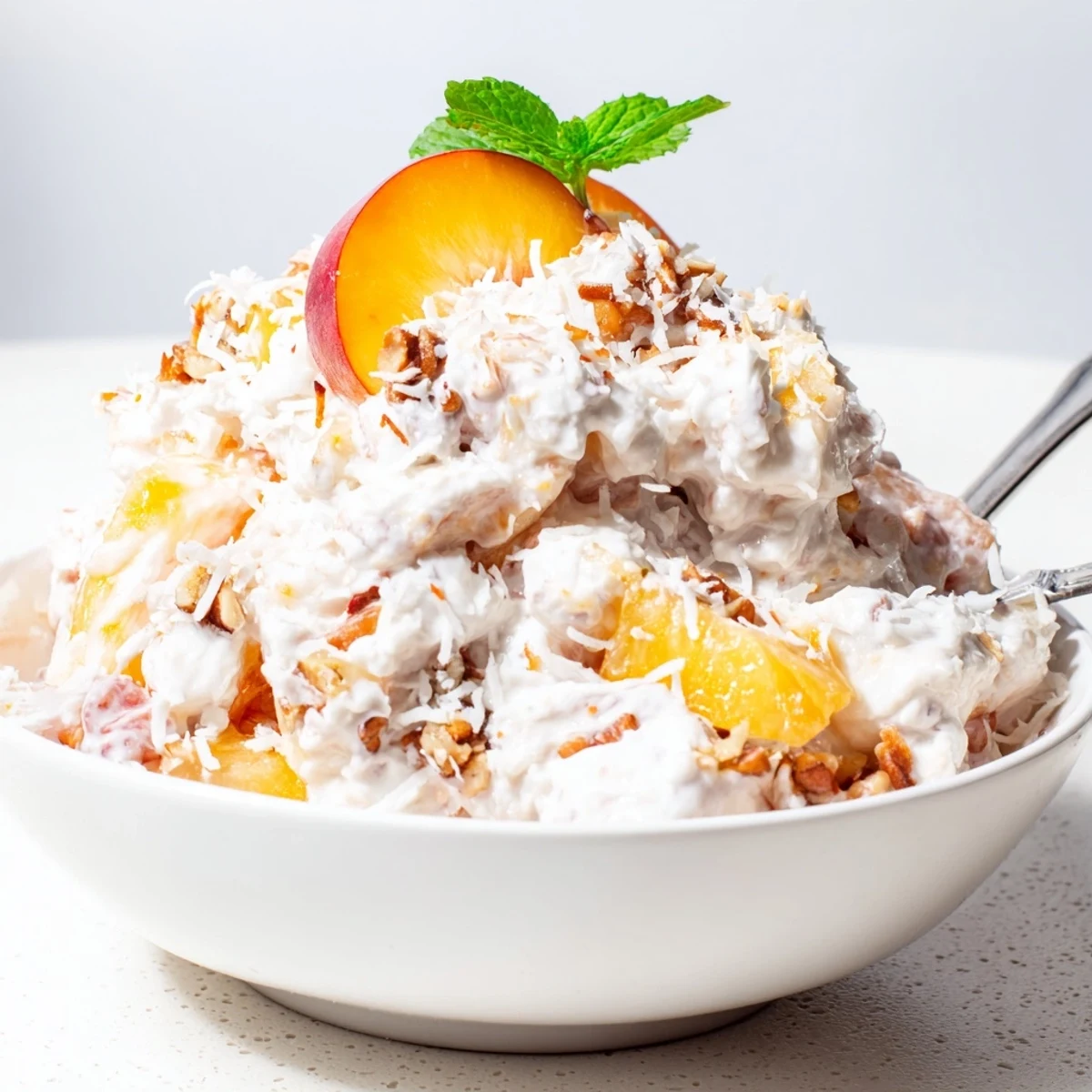 Millionaire Peach Salad in a glass bowl, creamy, toasted pecan crunch  