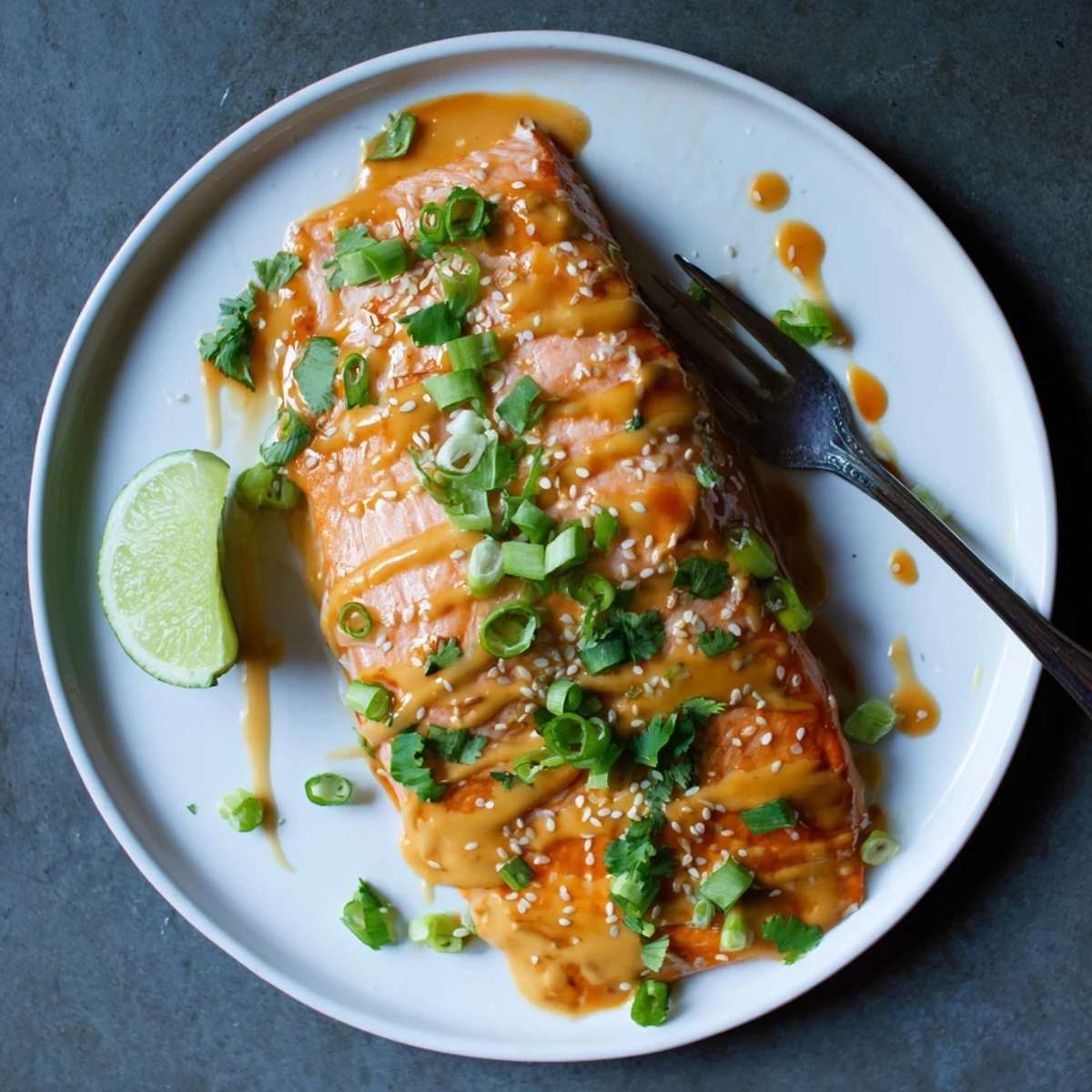 Bang Bang Salmon glazed with creamy spicy sauce, garnished with cilantro and lime