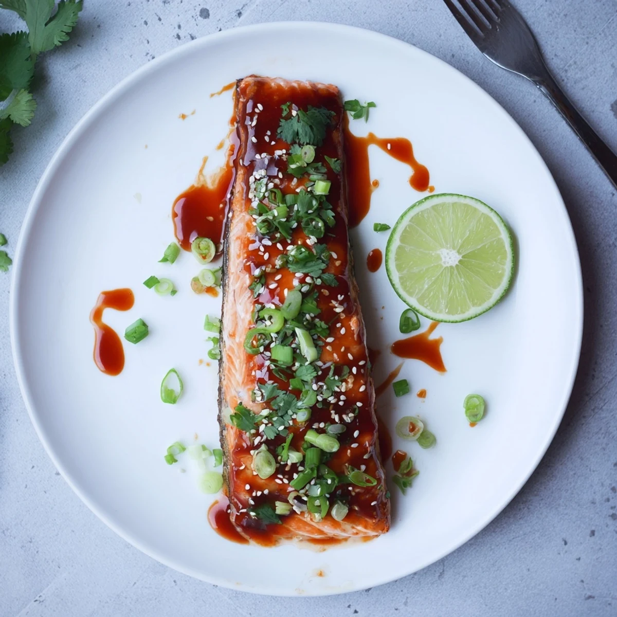 Oven-baked Bang Bang Salmon flaky fillets drizzled with sweet tangy sauce
