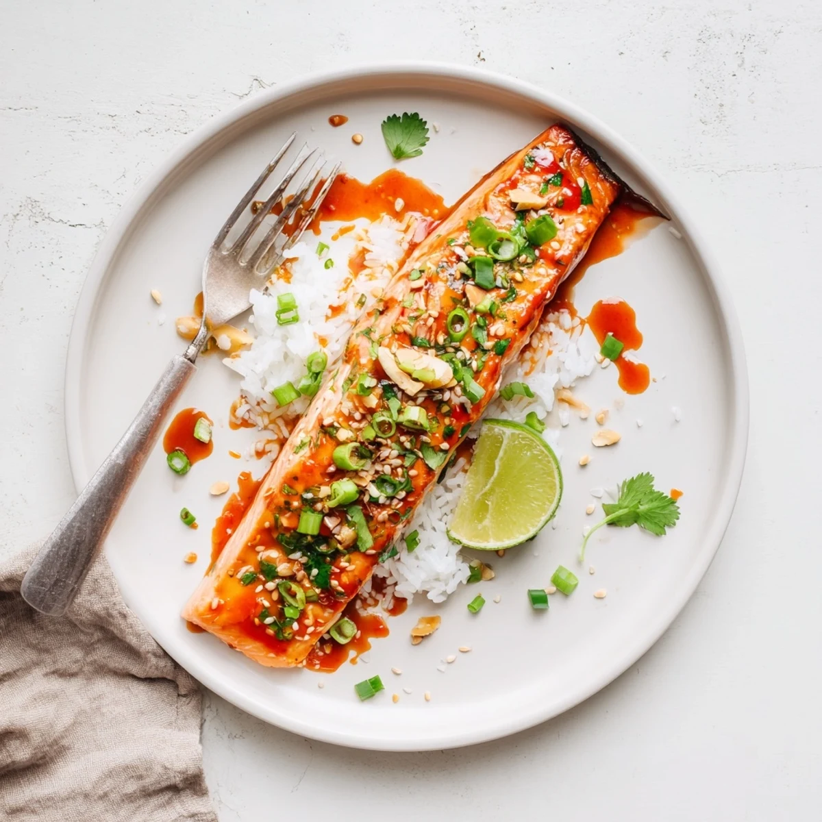 Family style Bang Bang Salmon served over jasmine rice with toasted sesame seeds