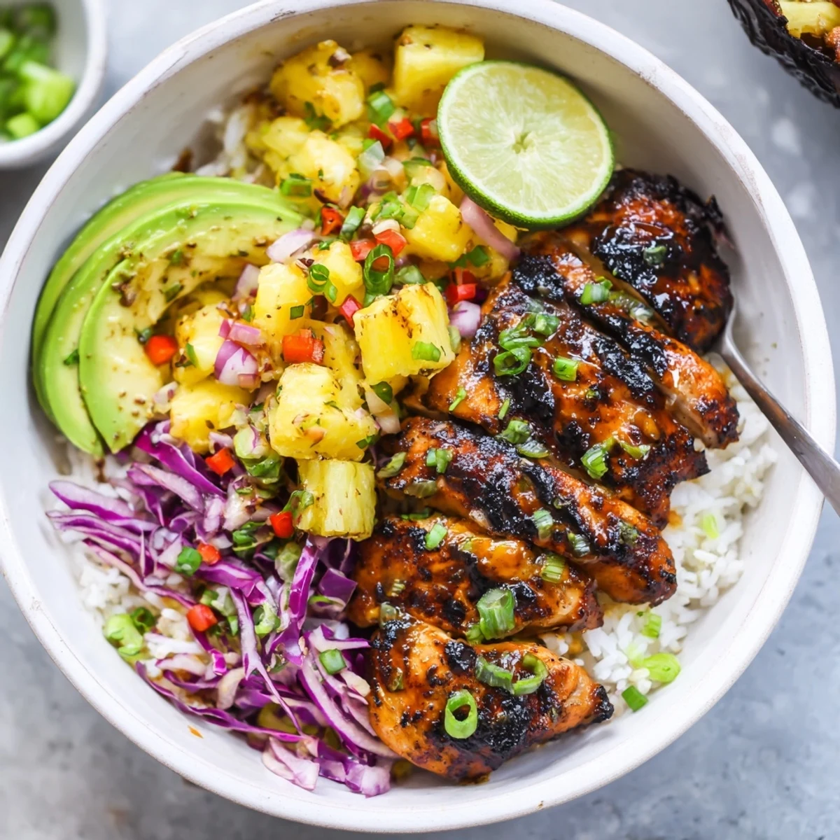 Jerk Chicken Bowl With Pineapple Salsa steaming over rice, vibrant citrusy aroma