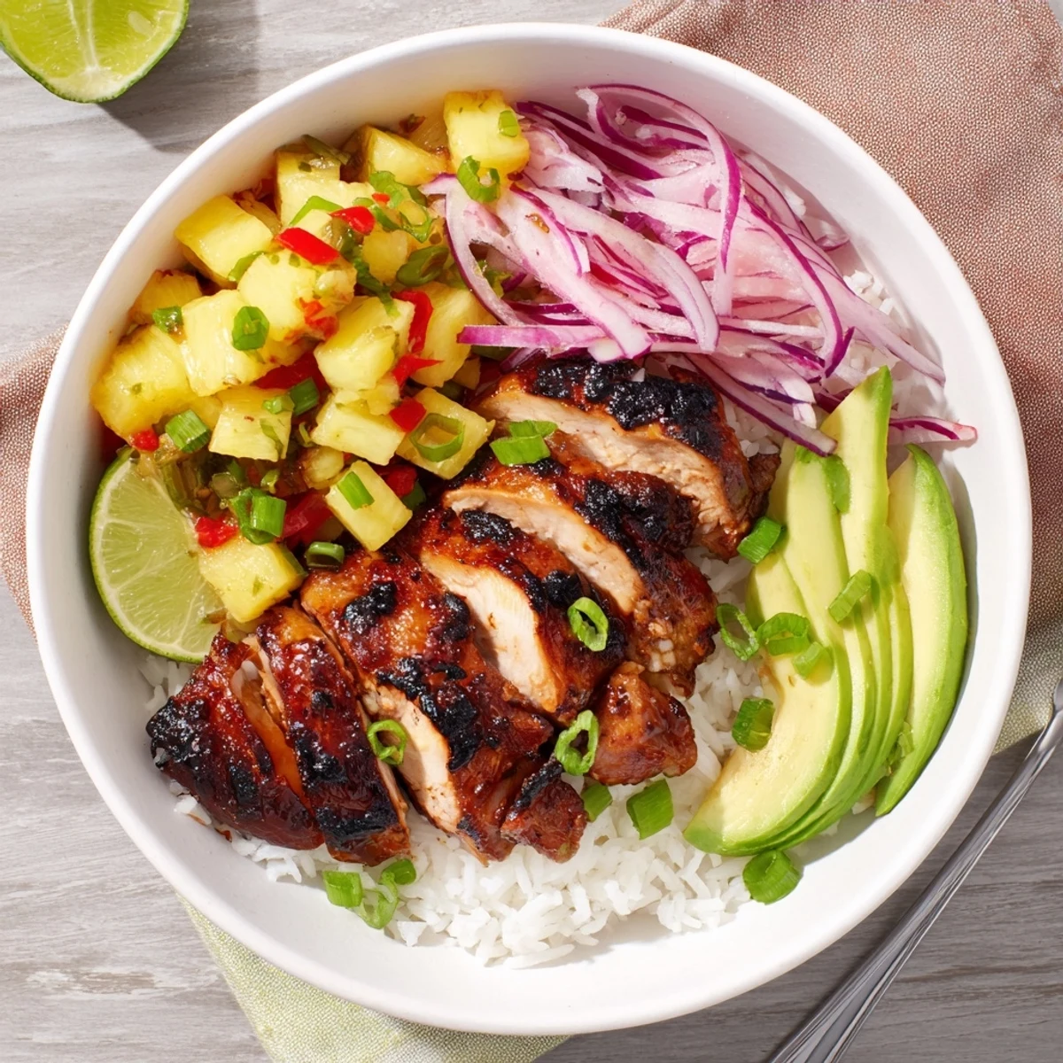 Charred chicken and bright fruit in a Jerk Chicken Bowl With Pineapple Salsa