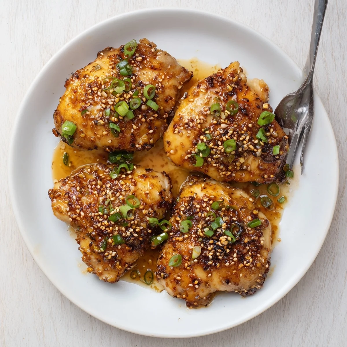 Honey Garlic Chicken glazed in glossy sauce, sesame seeds and sliced green onions
