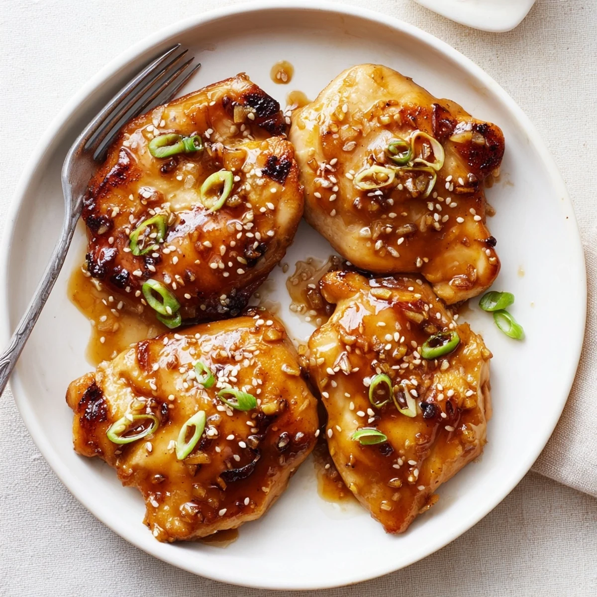 Plate of Honey Garlic Chicken over steaming rice, golden edges and aromatic garlic