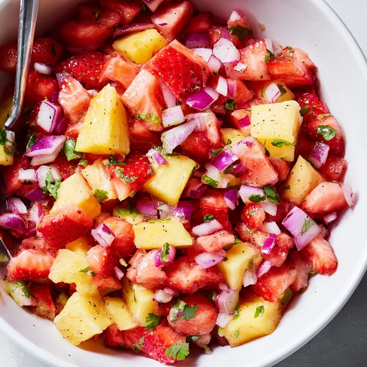 Strawberry Pineapple Salsa glistening with lime, cilantro, and jalapeño heat