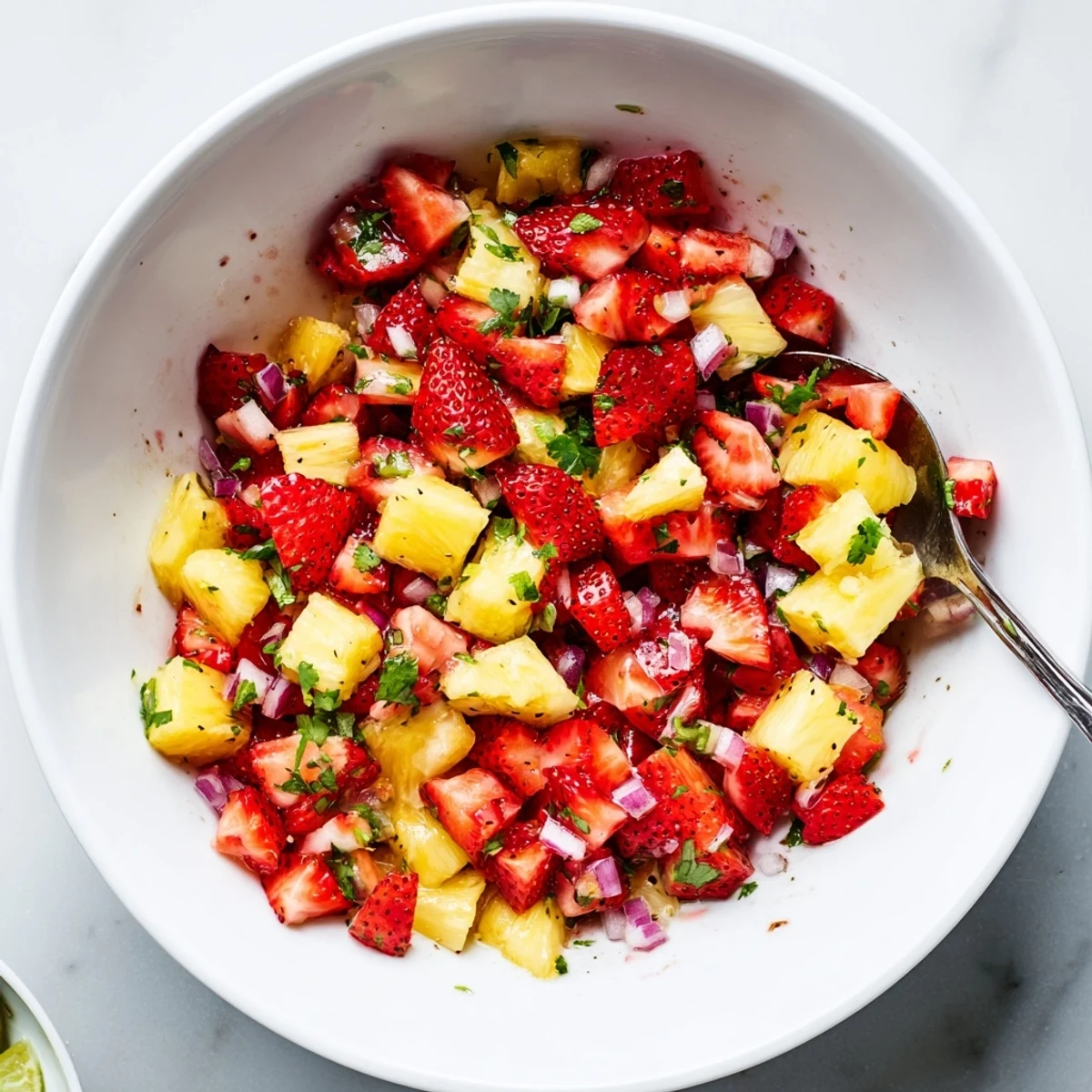 Chunky Strawberry Pineapple Salsa atop grilled fish, sweet, tangy, and refreshing