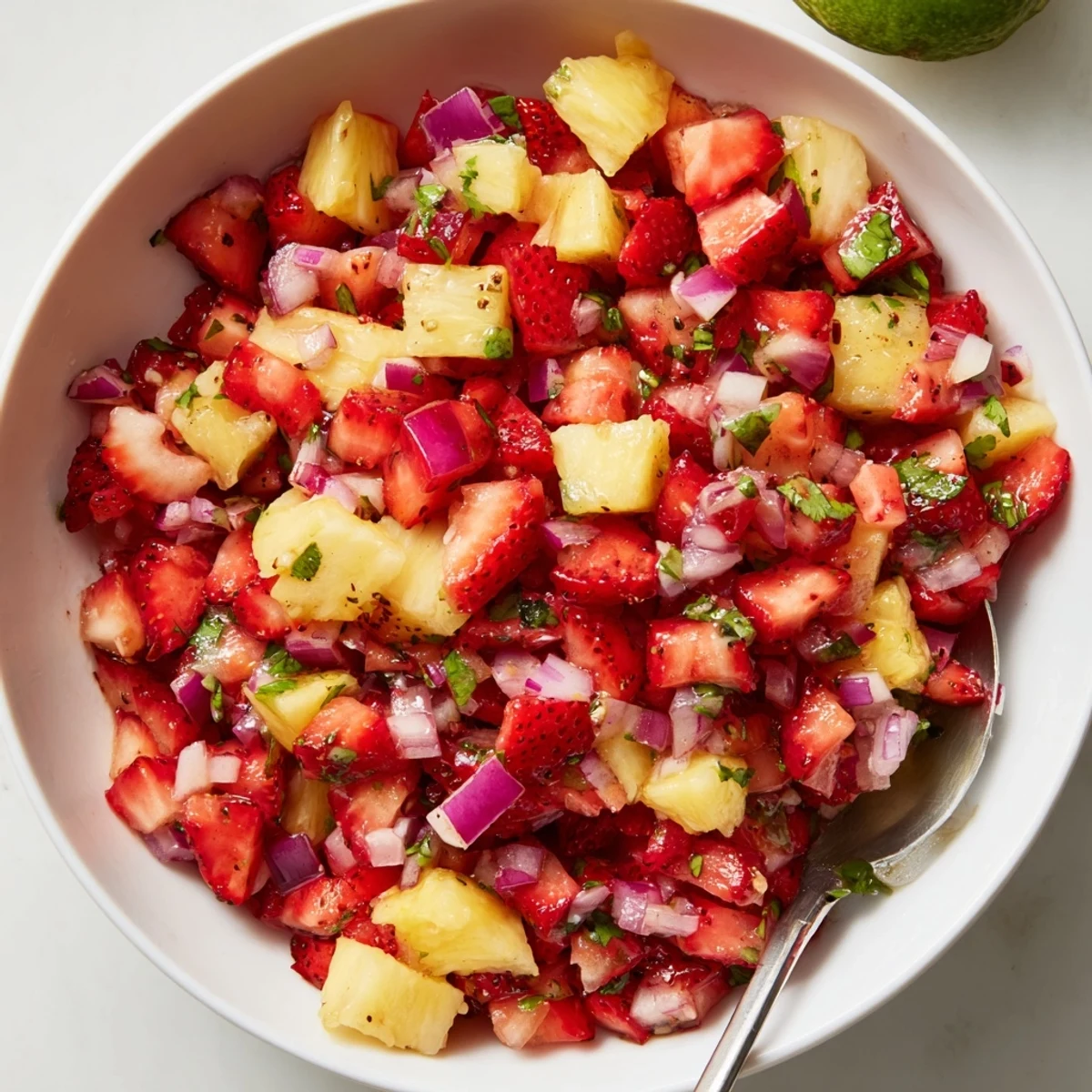 Bright Strawberry Pineapple Salsa spooned into bowl, perfect with tortilla chips