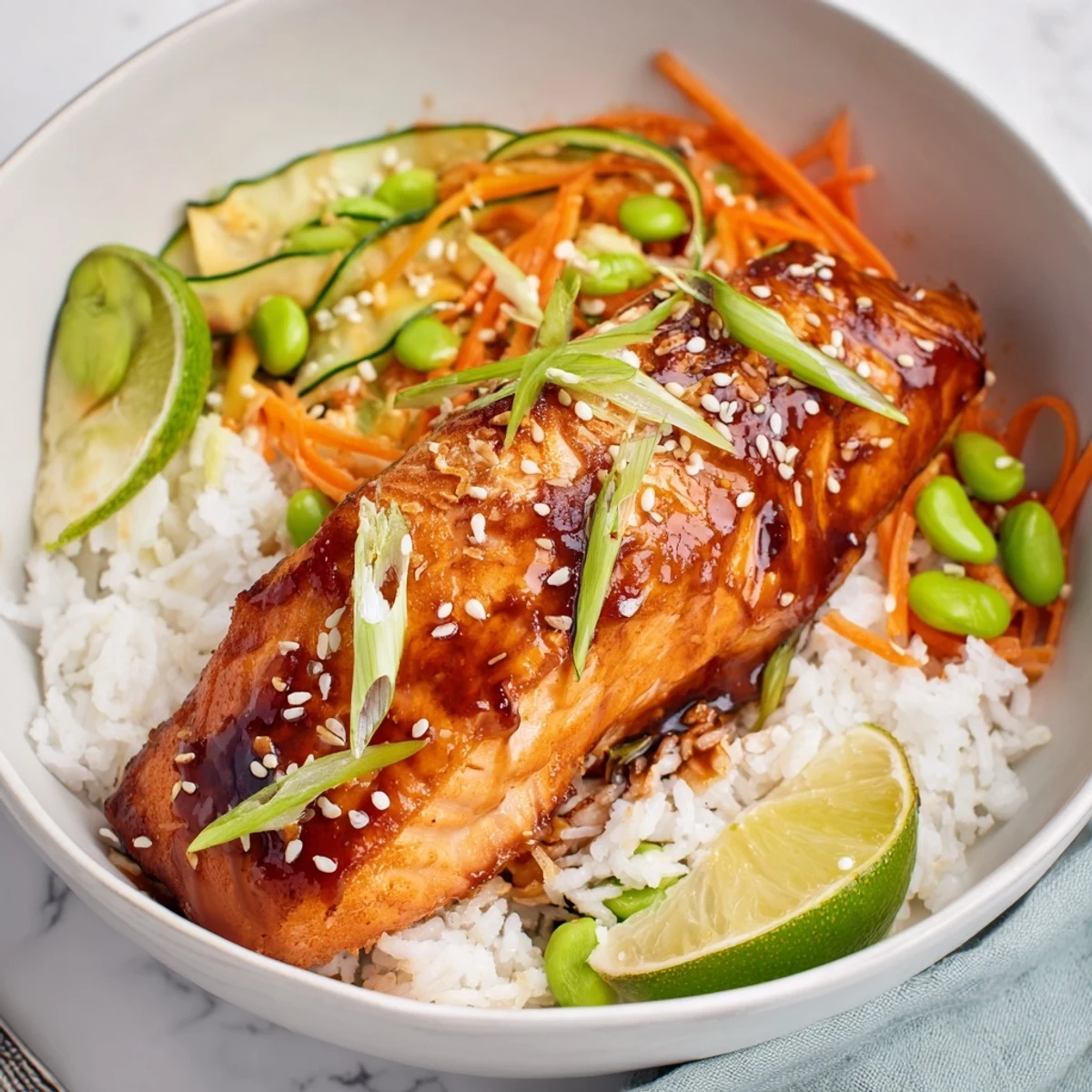Honey Glazed Salmon Bowl with caramelized fillet, fluffy rice, crisp vegetables.