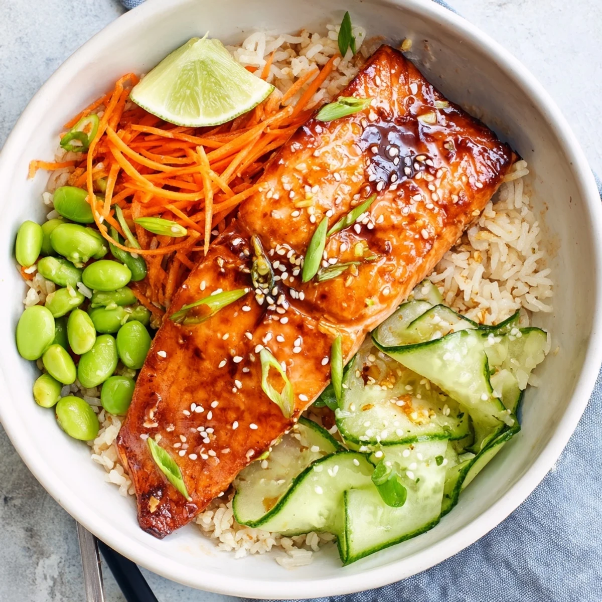 Oven-roasted Honey Glazed Salmon Bowl topped with toasted sesame and lime.