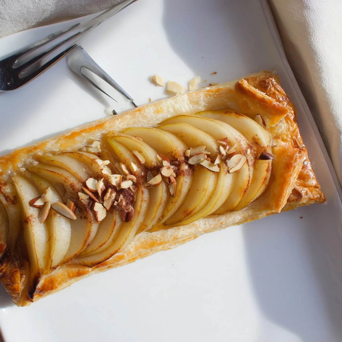 Warm Pear Puff Pastry Recipe brushed with apricot glaze, served with ice cream.
