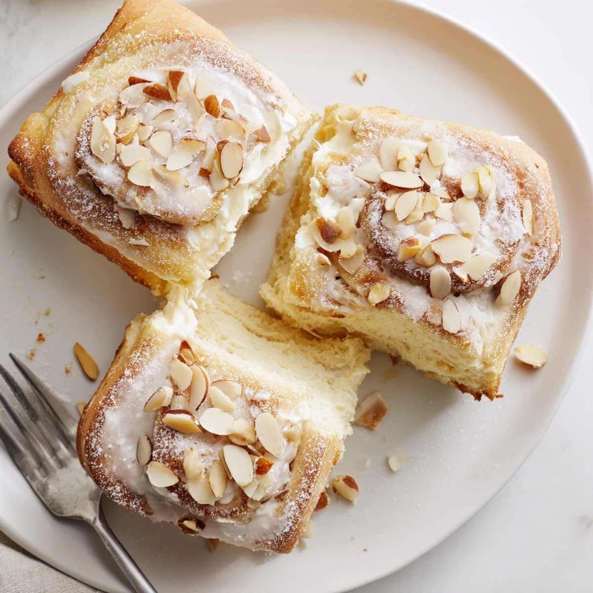 Steaming, golden Almond Cream Cheese Rolls drizzled with glaze and toasted almonds