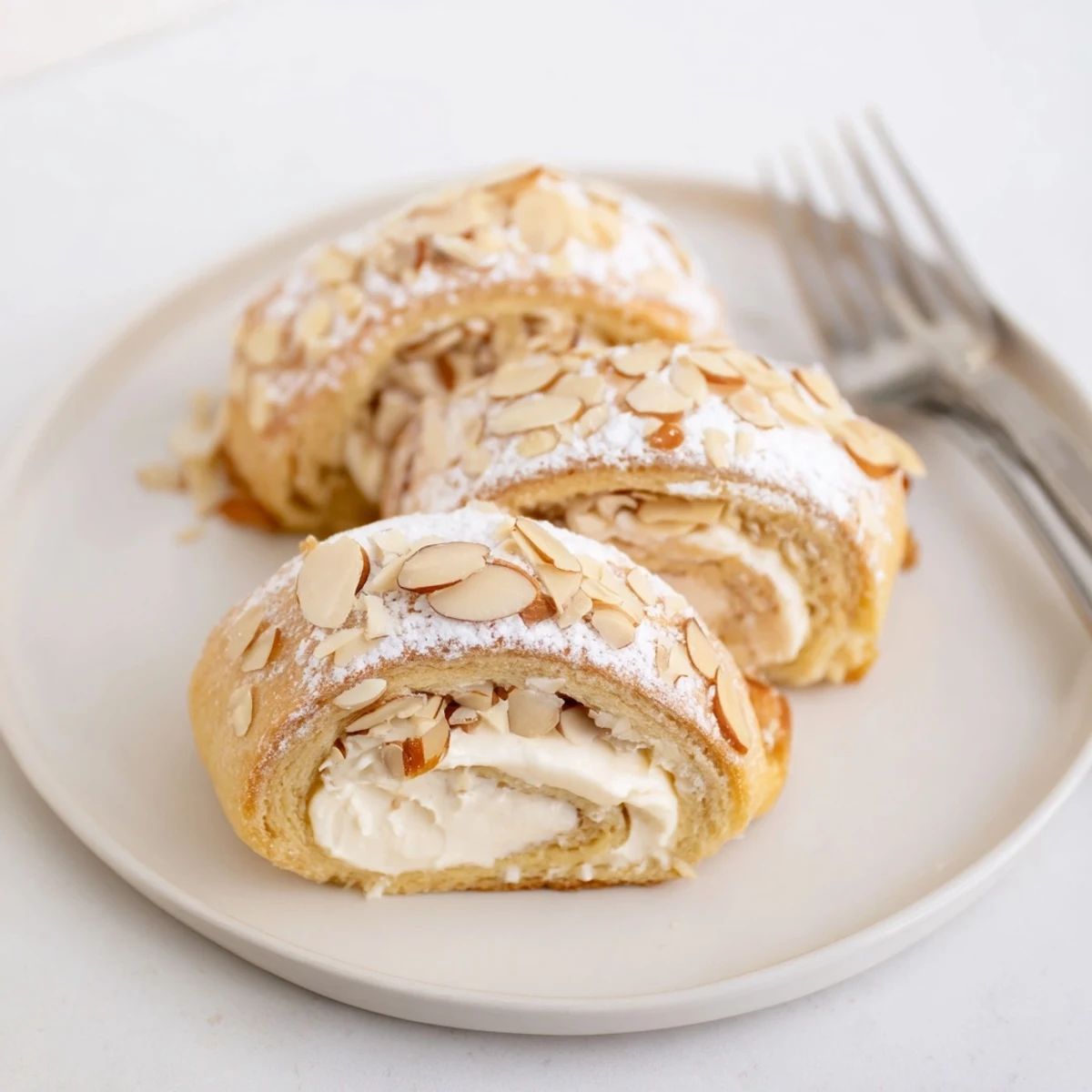 Fresh Almond Cream Cheese Rolls served warm in a dish, perfect breakfast
