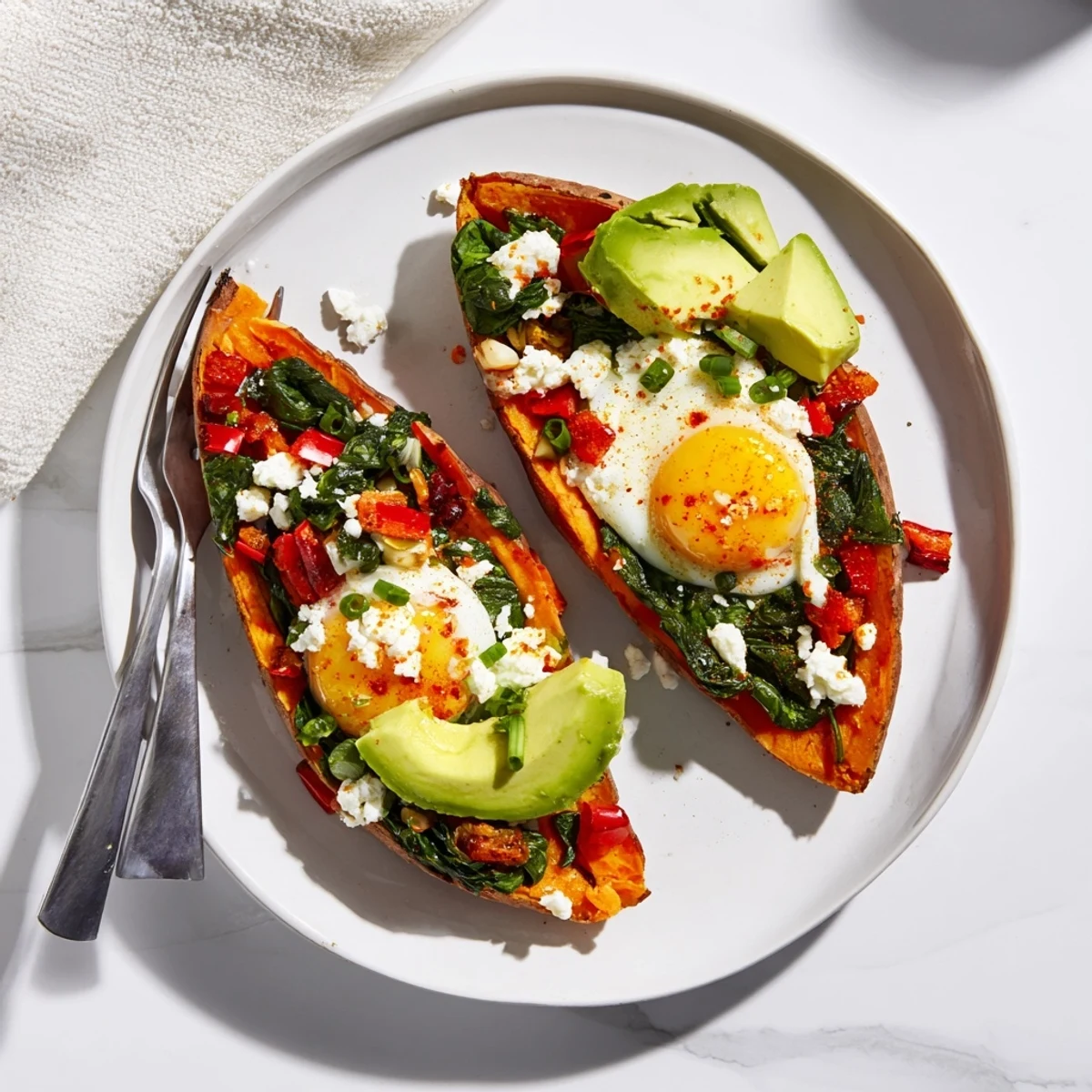 Baked Sweet Potato Breakfast Boats seasoned with smoked paprika, served with chives