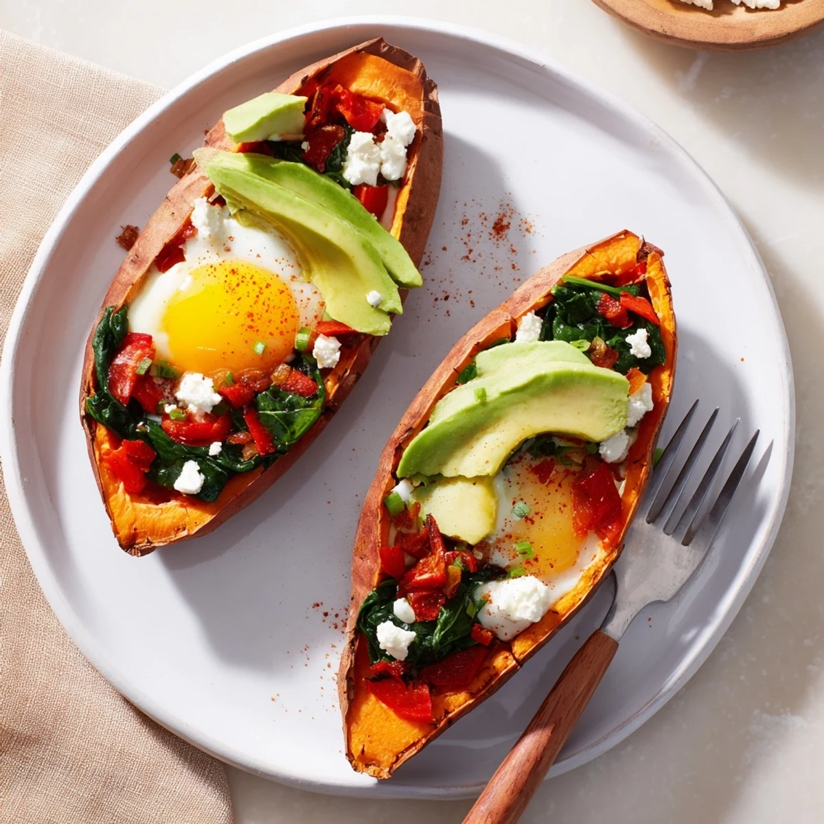 Warm Sweet Potato Breakfast Boats topped with creamy avocado, runny egg, feta