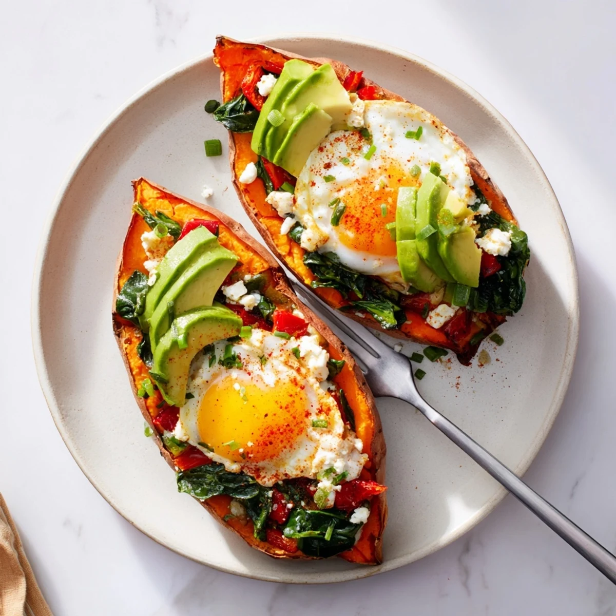 Sheet pan Sweet Potato Breakfast Boats showing vibrant spinach, diced bell pepper, sliced avocado