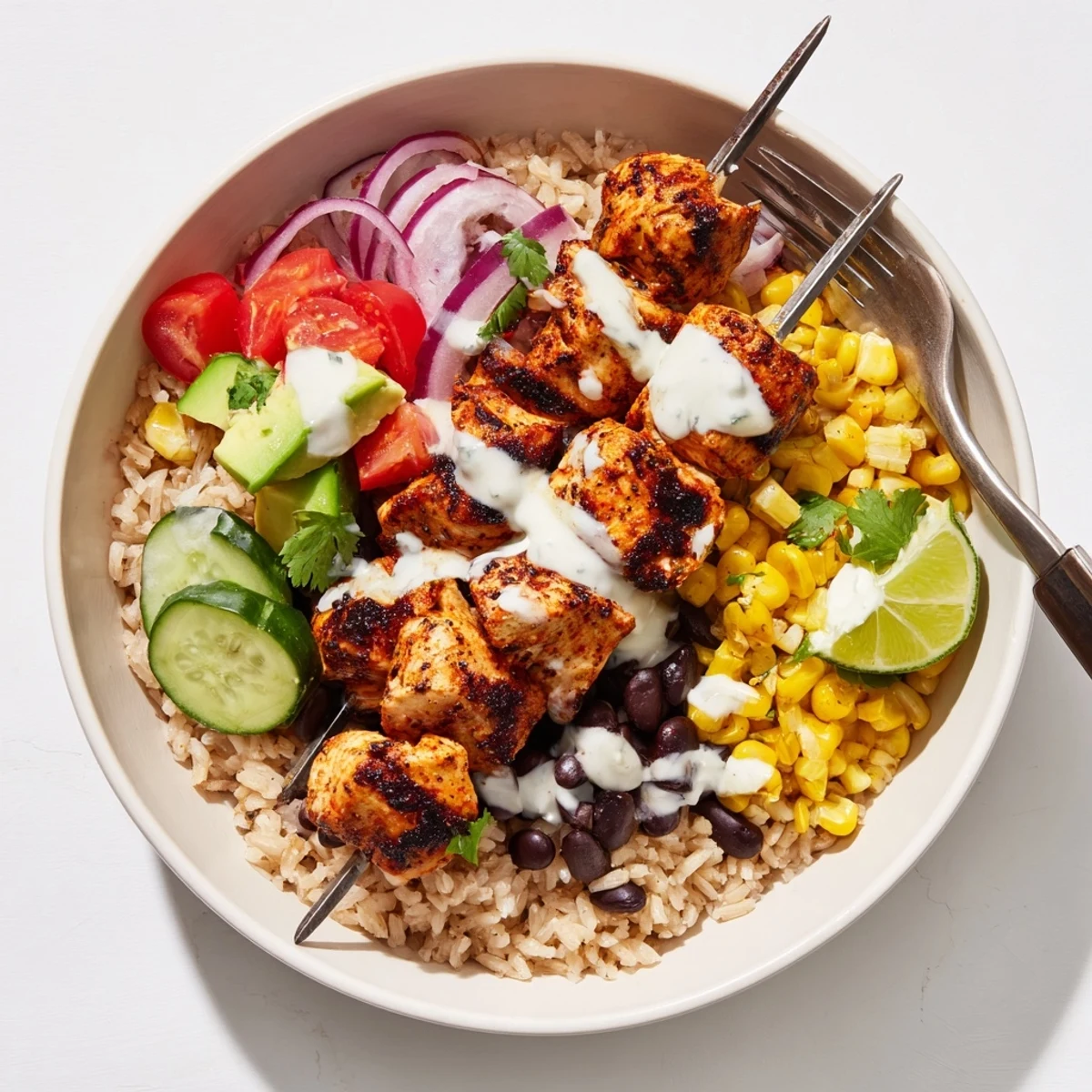 Smoky Chicken Skewer Bowl with charred chicken, creamy avocado, zesty lime drizzle