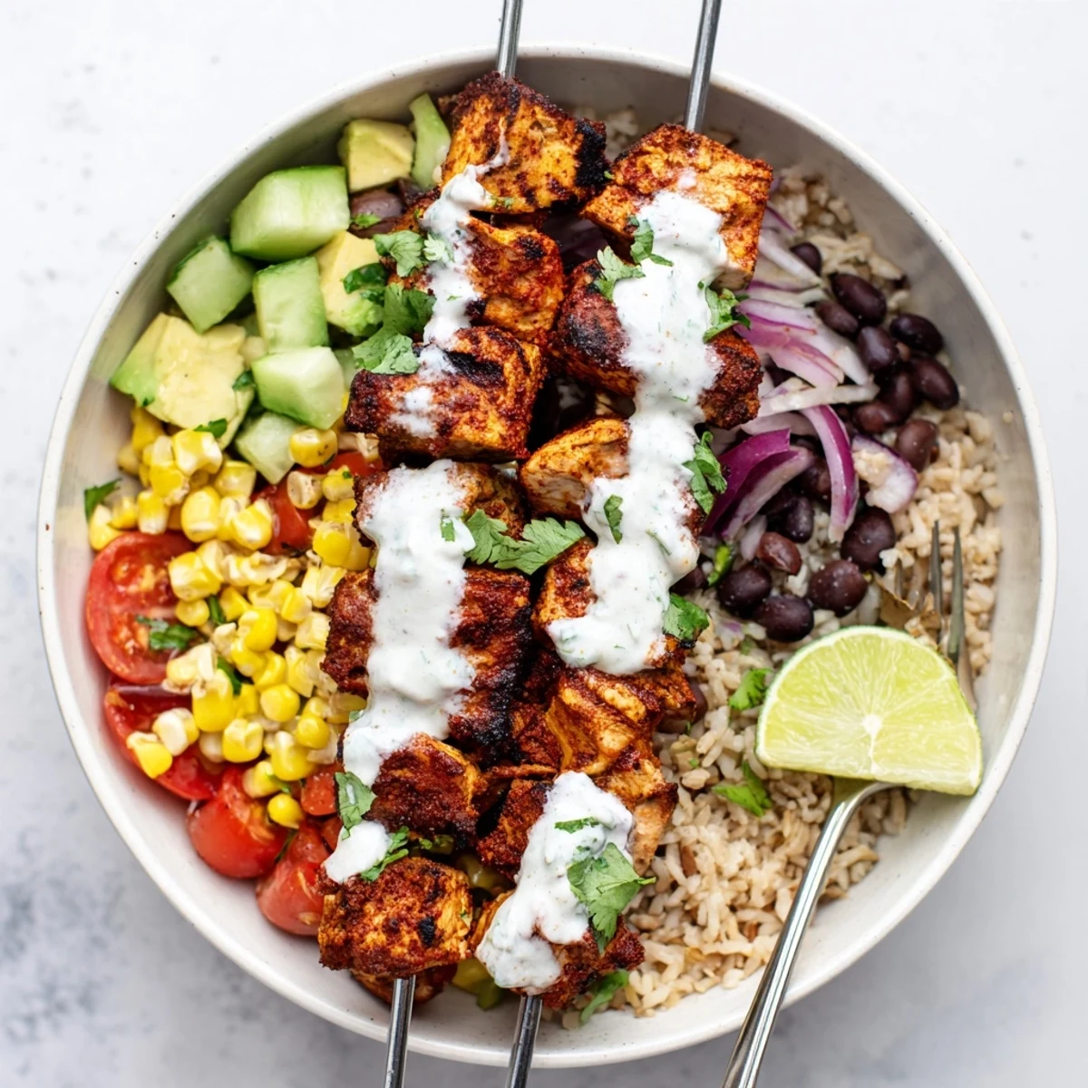 Grilled Smoky Chicken Skewer Bowl layered over brown rice, black beans, corn