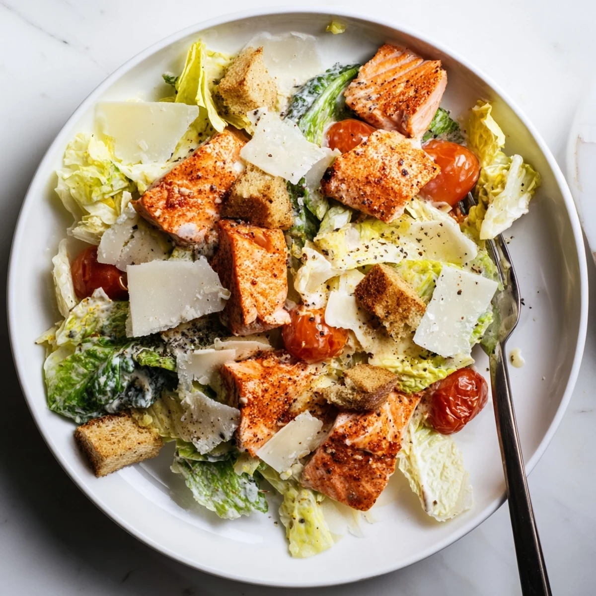 Smoky Salmon Caesar Salad Recipe with flaky salmon, crisp romaine, creamy dressing.