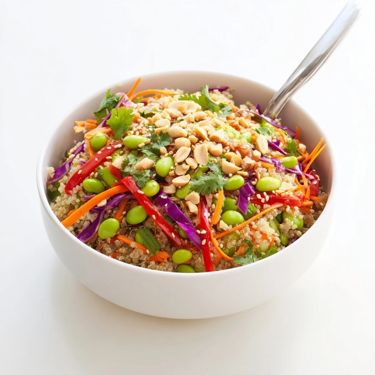 Chilled Asian Dressing Quinoa Salad featuring vibrant cabbage, edamame, and cilantro