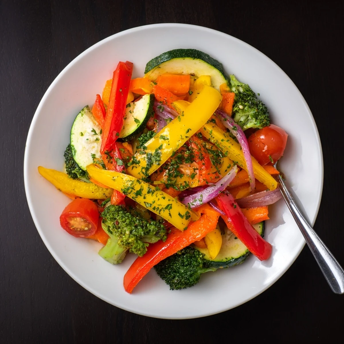 Warm Garlic Infused Olive Oil Sauteed Veggies served steaming, sprinkled with fresh parsley