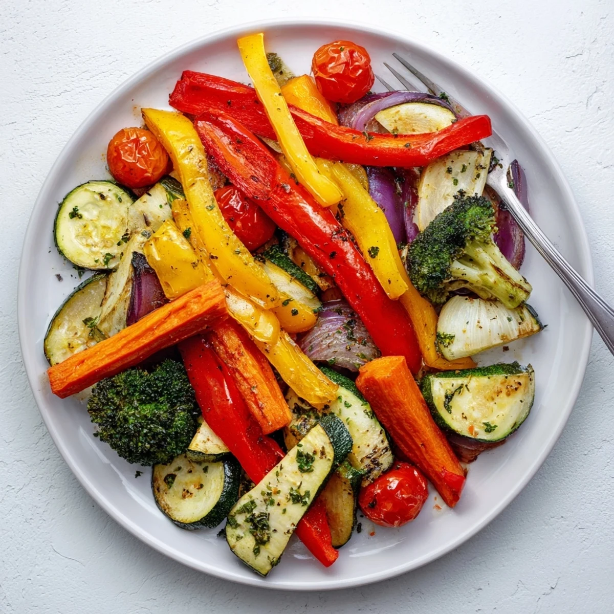 Garlic Infused Olive Oil Sauteed Veggies glistening, vibrant peppers, zucchini, and cherry tomatoes