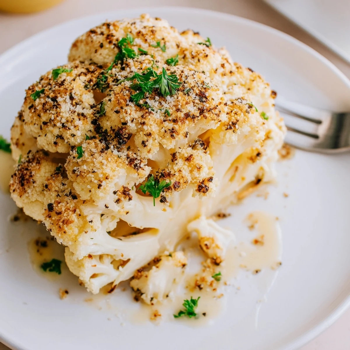 Oven-roasted Cheesy Cauliflower Steaks served hot, creamy cheese and smoky paprika