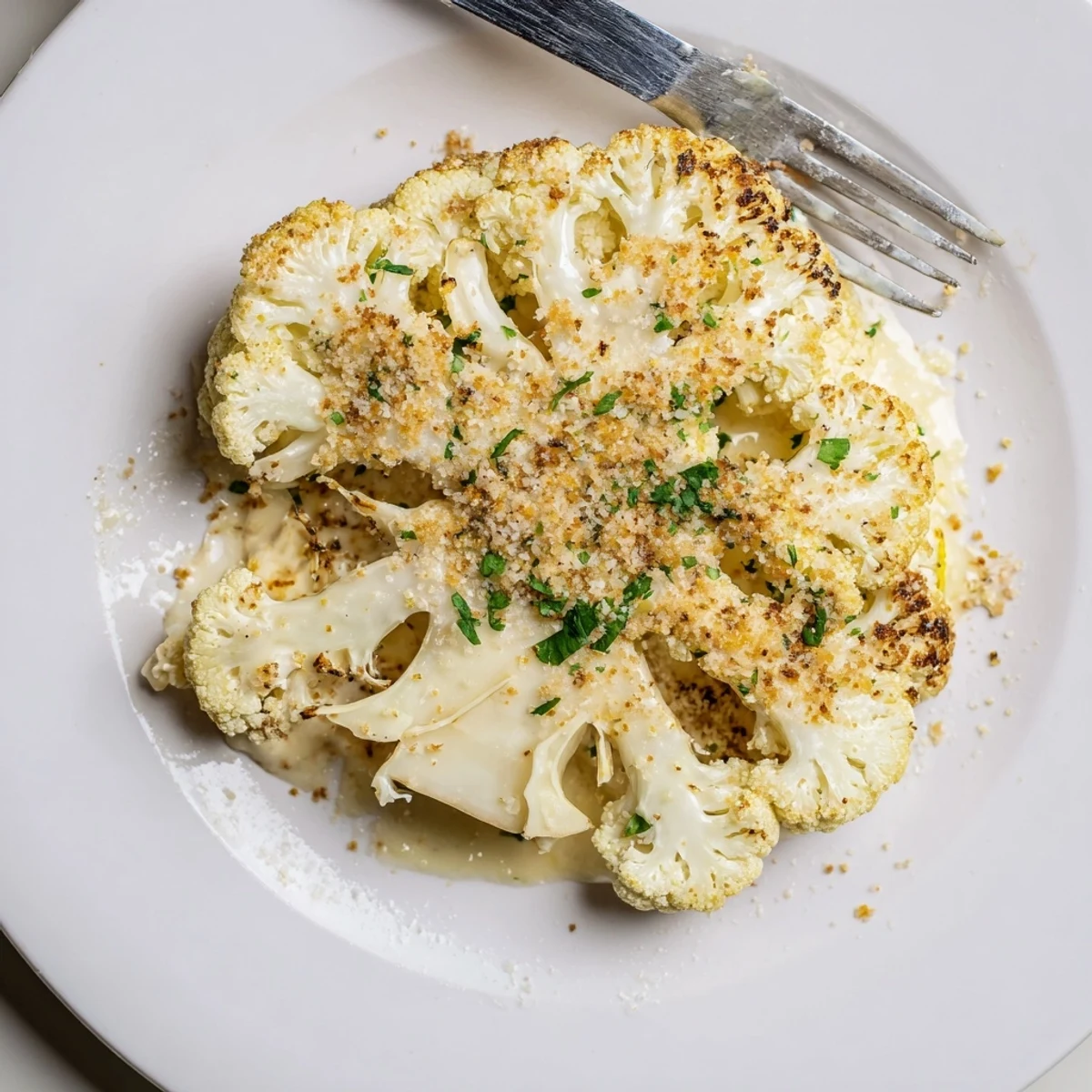 Cheesy Cauliflower Steaks with bubbling golden crust, roasted and garnished parsley