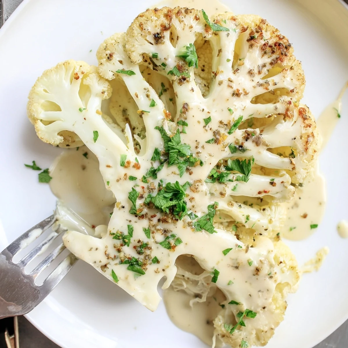 Simple weeknight Cheesy Cauliflower Steaks, thick slices topped with browned breadcrumbs