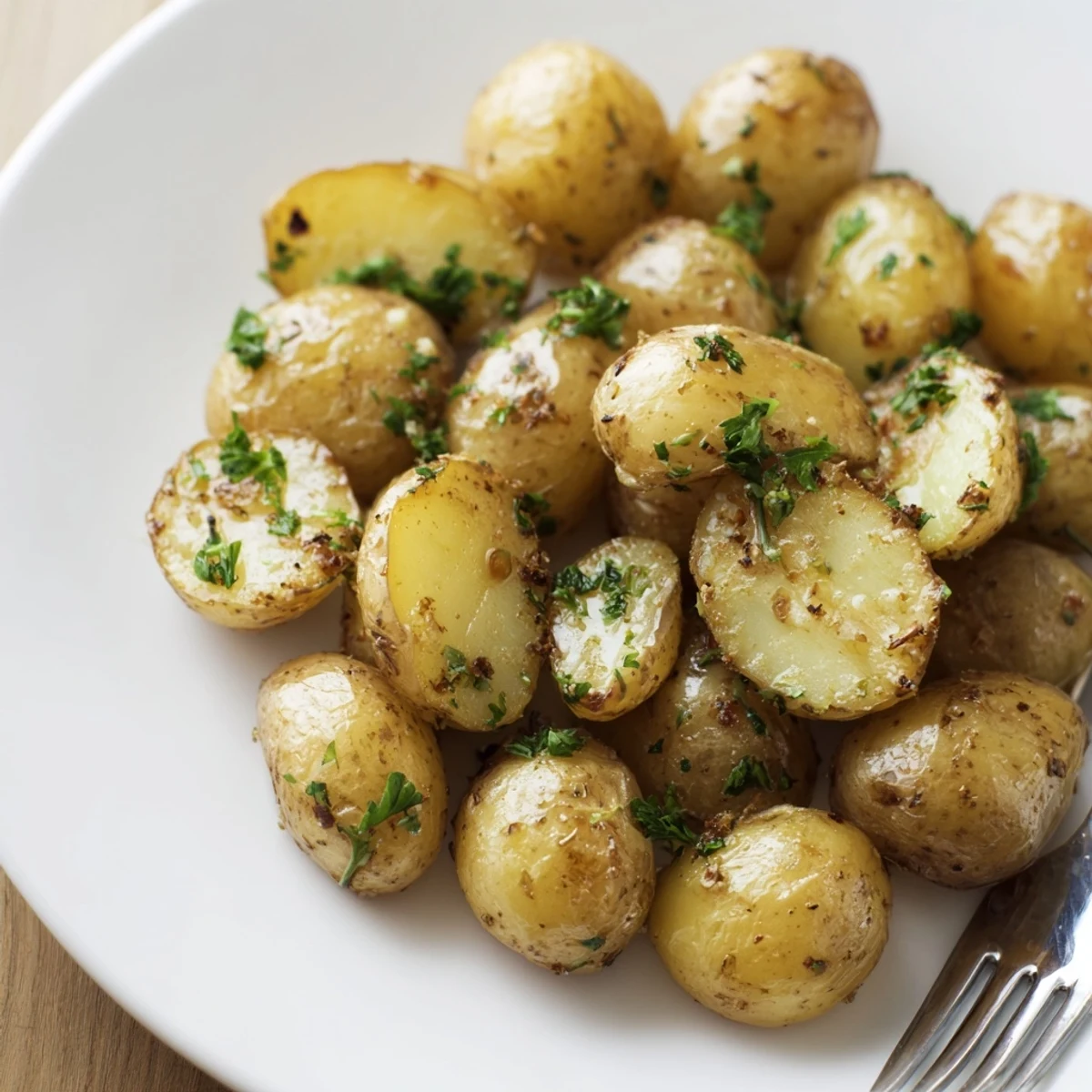Crispy Oven Roasted Baby Potatoes glistening with oil, golden edges and herbs