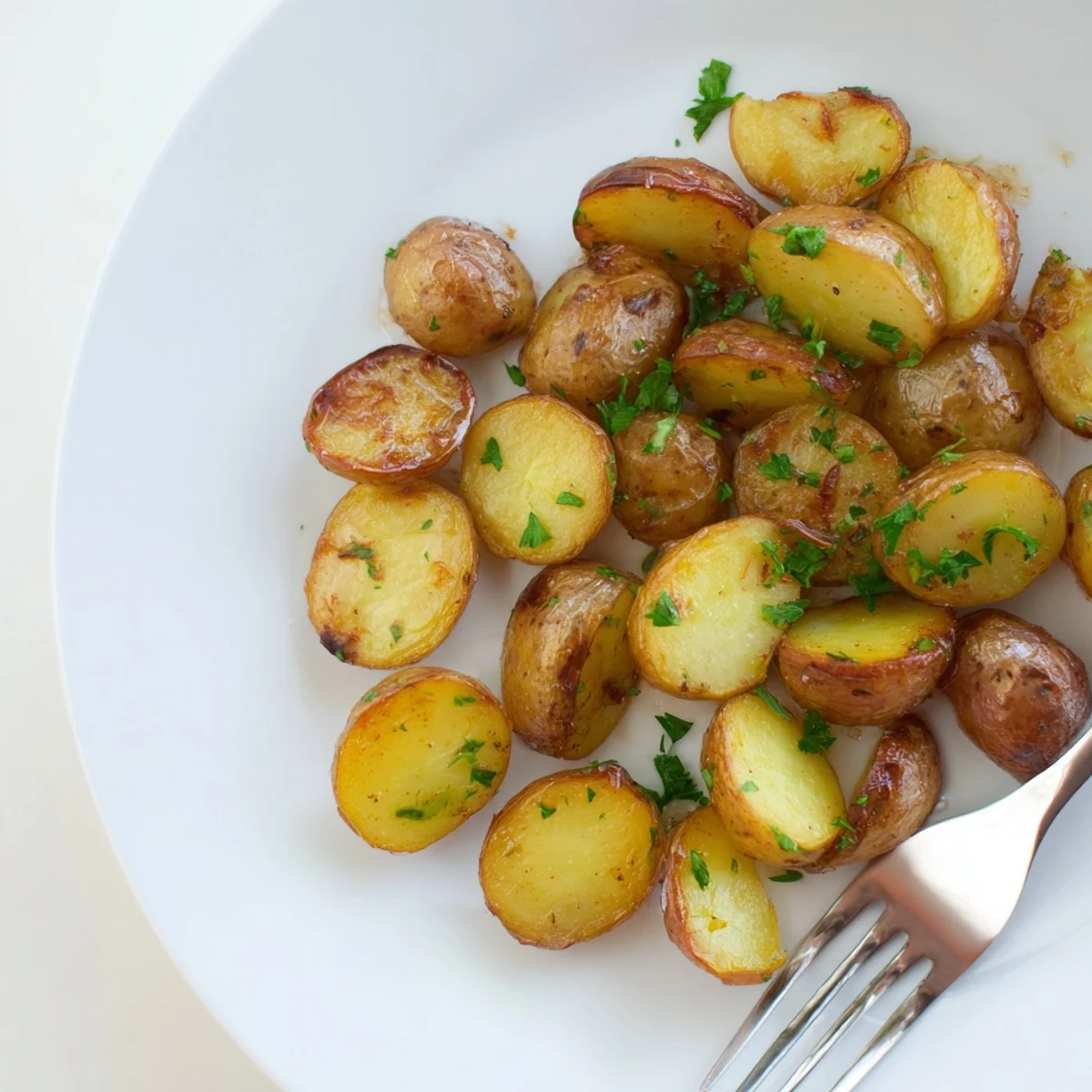 Warm golden bites piled on parchment, Crispy Oven Roasted Baby Potatoes with parsley