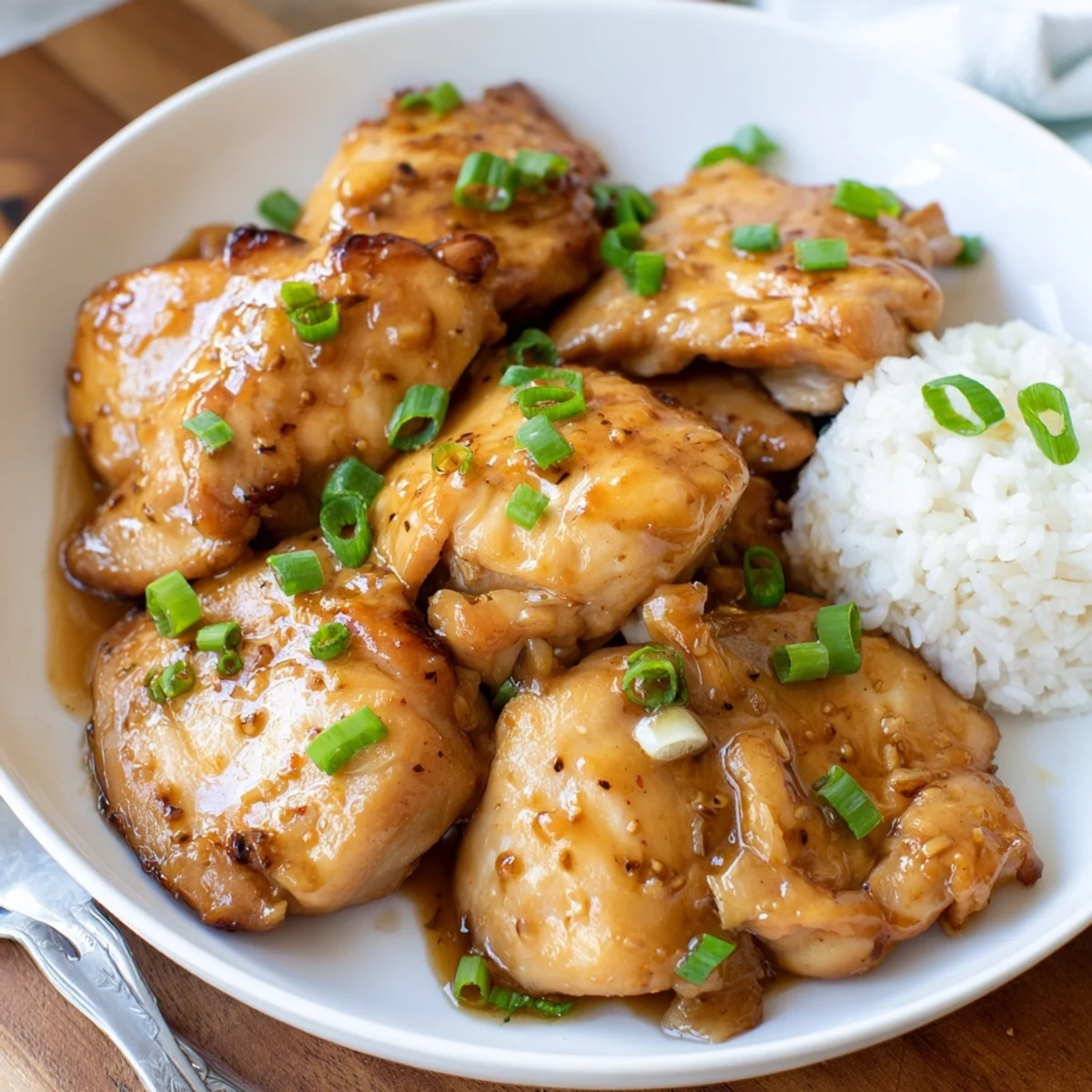 Sweet And Sticky Honey Butter Chicken Thighs glazed, golden brown, served over rice
