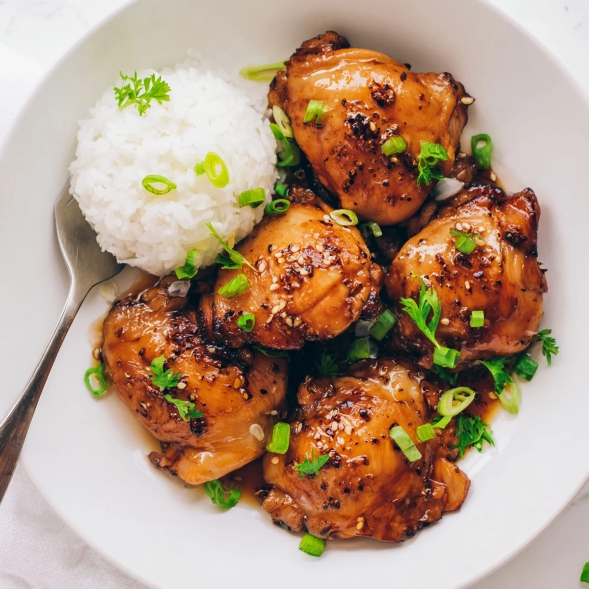 Oven roasted Sweet And Sticky Honey Butter Chicken Thighs bubbling with shiny glaze