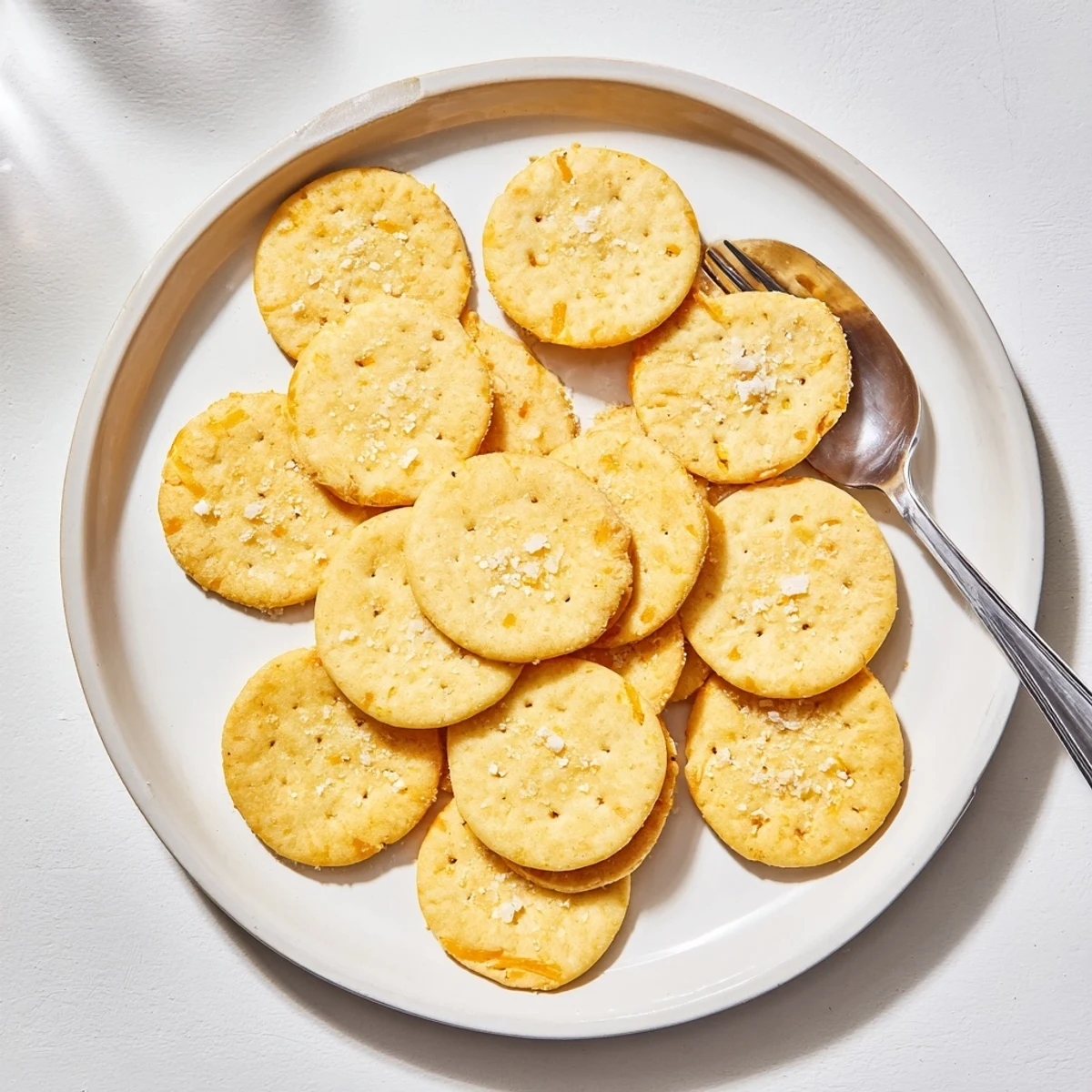 Sourdough Cheddar Snack Crackers stacked on a plate, golden, flaky, sprinkled sea salt