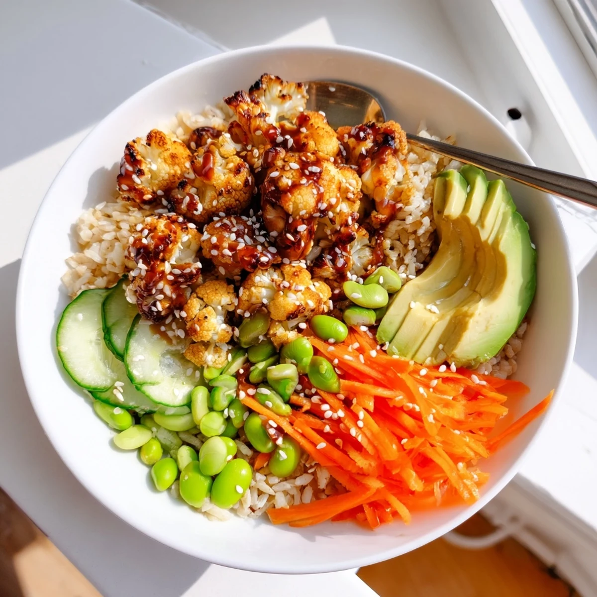 Teriyaki Cauliflower Power Bowls with glossy sauce, roasted florets over steaming rice.