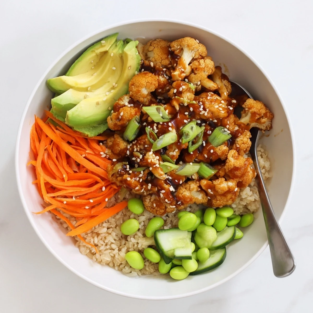 A colorful weeknight meal, Teriyaki Cauliflower Power Bowls with crunchy carrots.