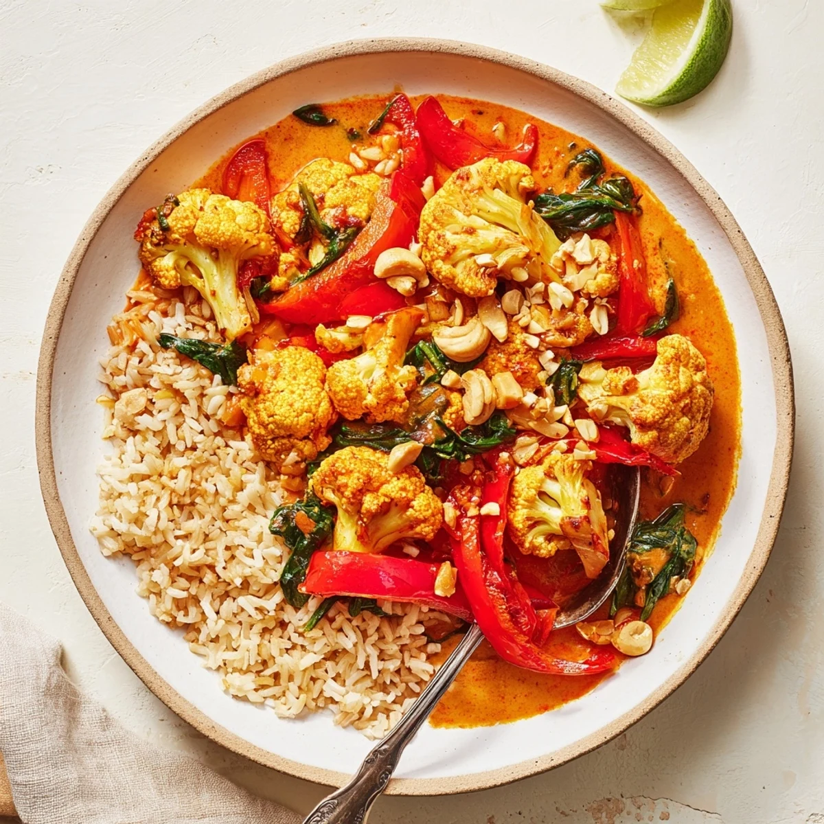 Roasted Cauliflower Red Curry Rice plated over fluffy jasmine rice with cilantro