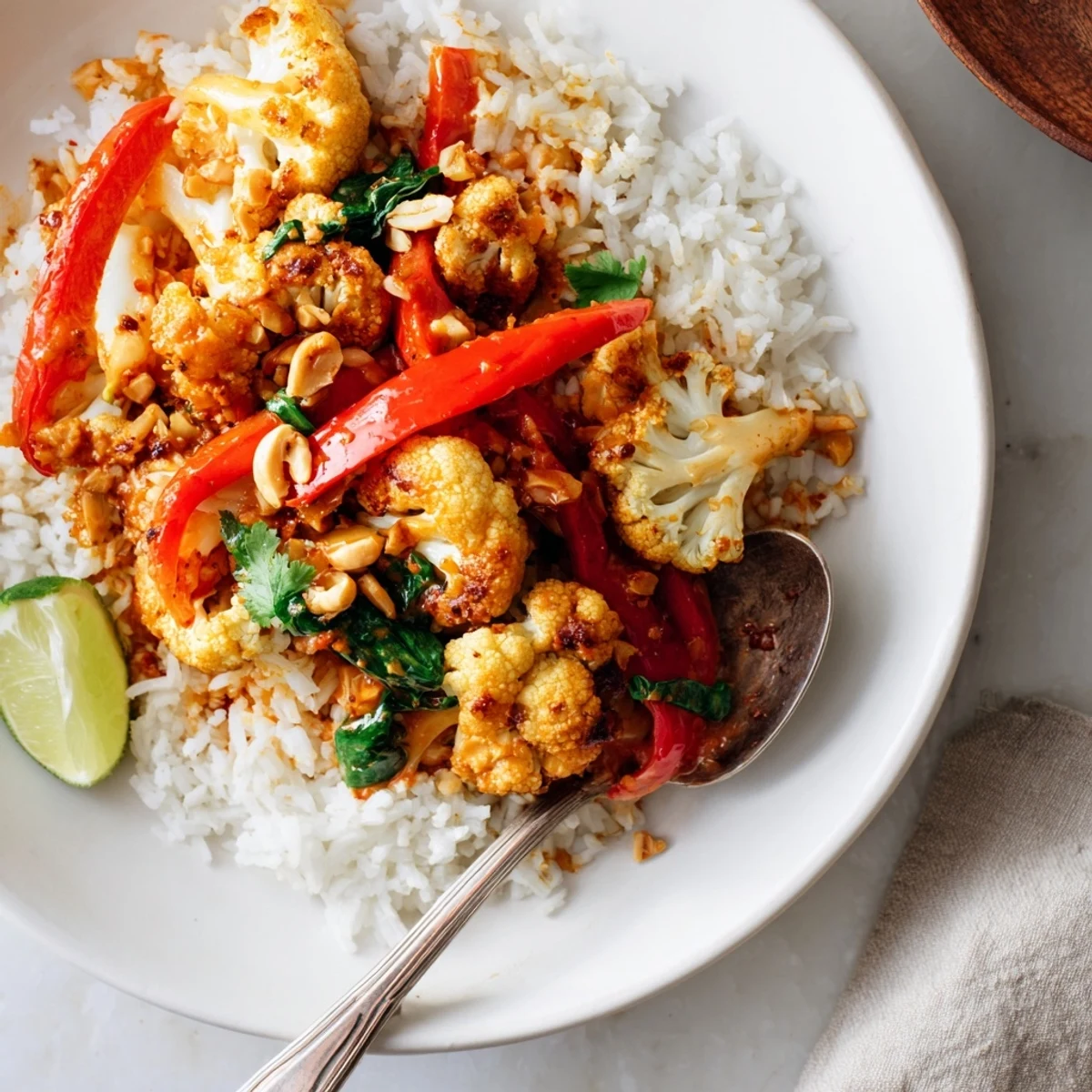 Hearty Roasted Cauliflower Red Curry Rice served in bowls with lime wedges