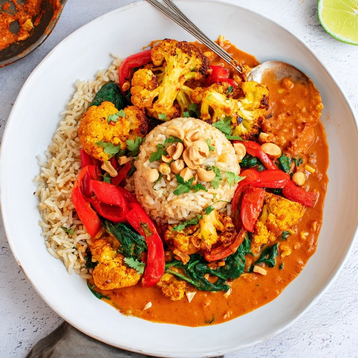 Creamy coconut sauce coating roasted florets in Roasted Cauliflower Red Curry Rice