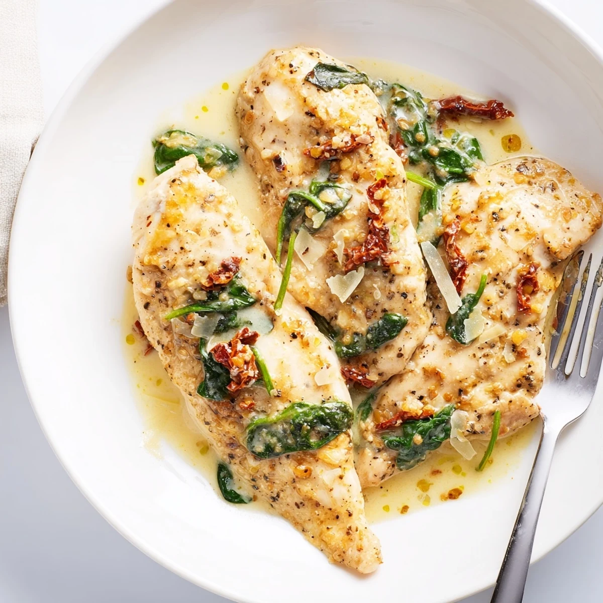 Creamy Slow Cooker Tuscan Chicken with sun-dried tomatoes and wilted spinach