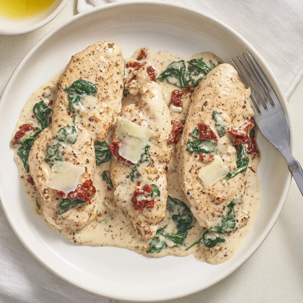 Slow Cooker Tuscan Chicken simmering in parmesan cream, served over mashed potatoes