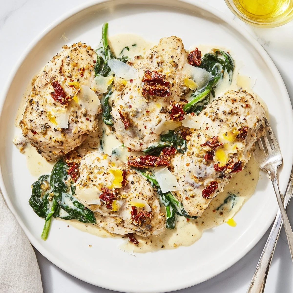 Hearty Slow Cooker Tuscan Chicken releasing garlic aroma, topped with extra parmesan