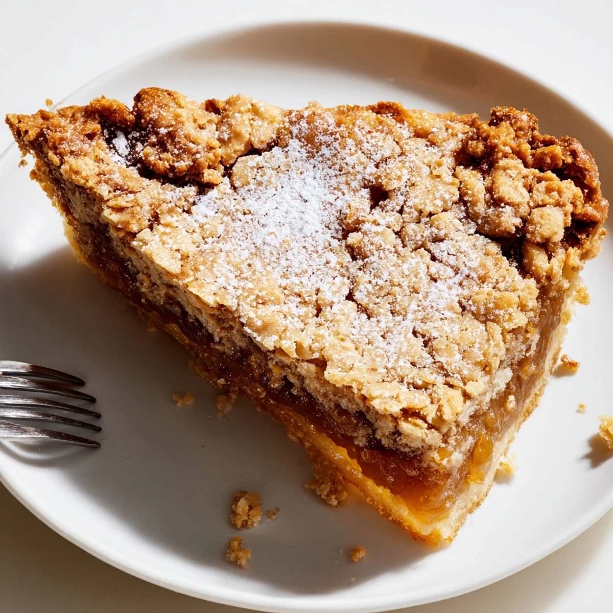 A chilled Milk Bar Crack Pie slice dusted with powdered sugar, tempting