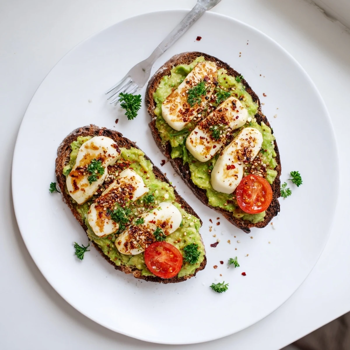 Crispy Halloumi Avocado Toast Recipe with golden cheese, creamy mash, toasted sourdough