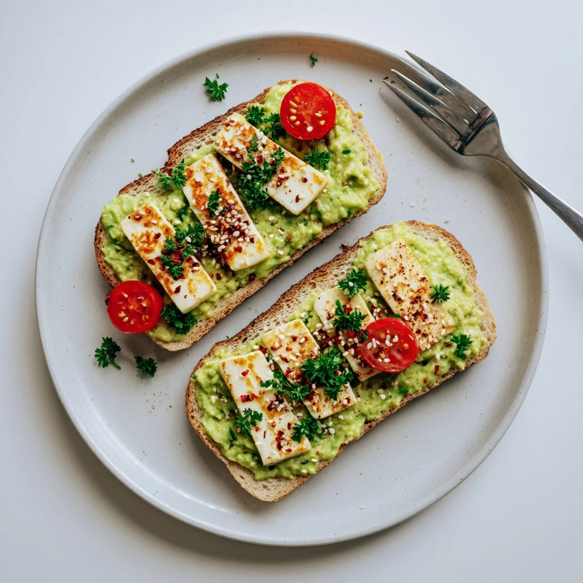 Bright lemon and fresh herbs elevate the Crispy Halloumi Avocado Toast Recipe visually and aromatically