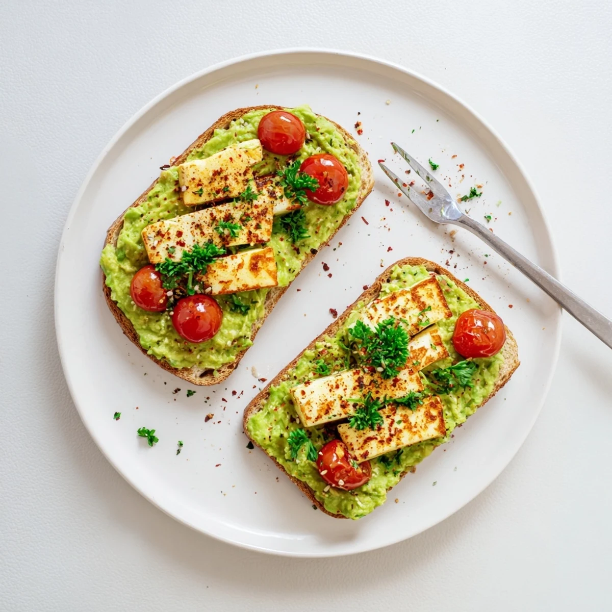 Serve Crispy Halloumi Avocado Toast Recipe warm, sprinkled with chili flakes and sesame seeds